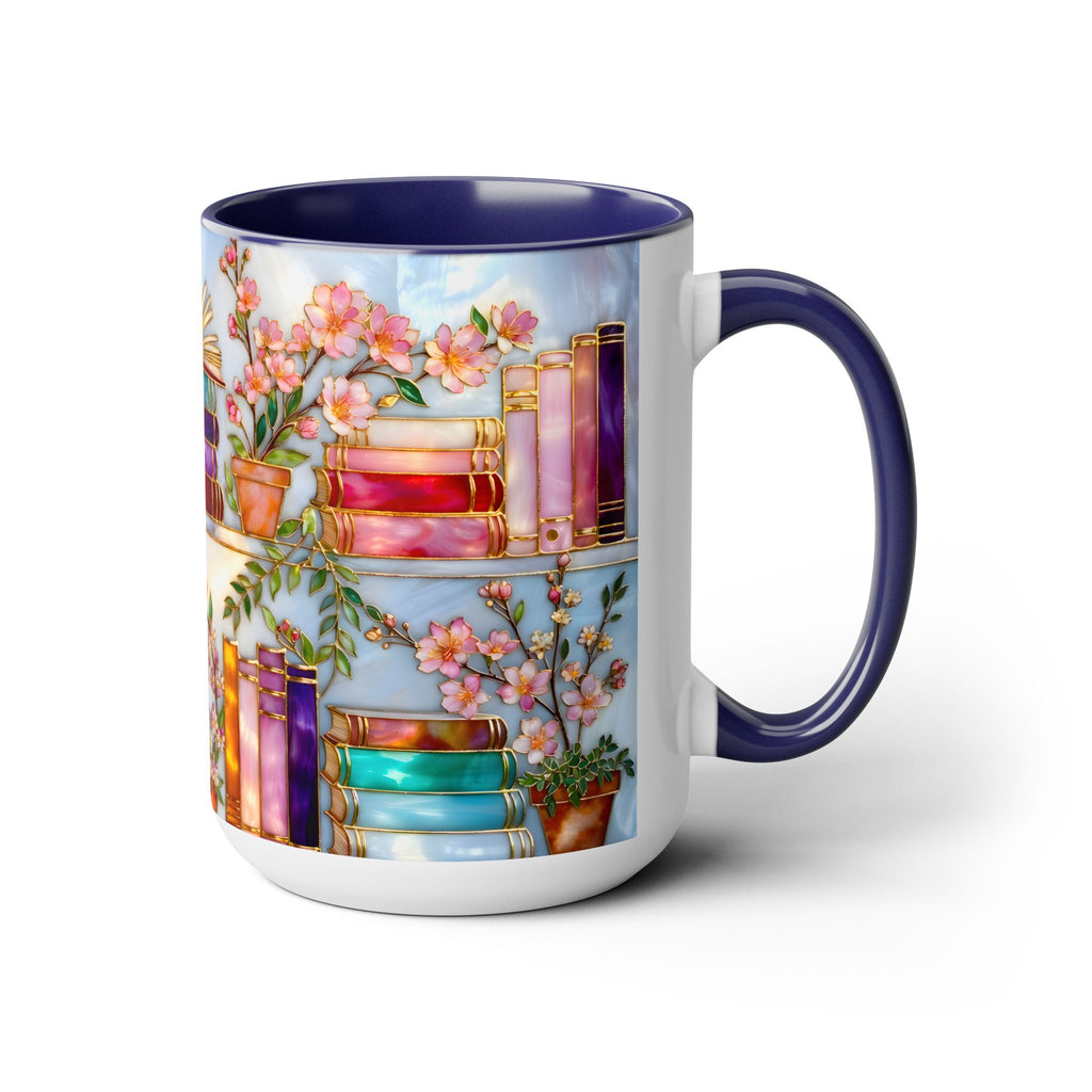 Floral Bookshelf Mug for Book Lovers, Bookish Library Coffee Cup, Black Ceramic 15oz, Stained Glass Style Design
