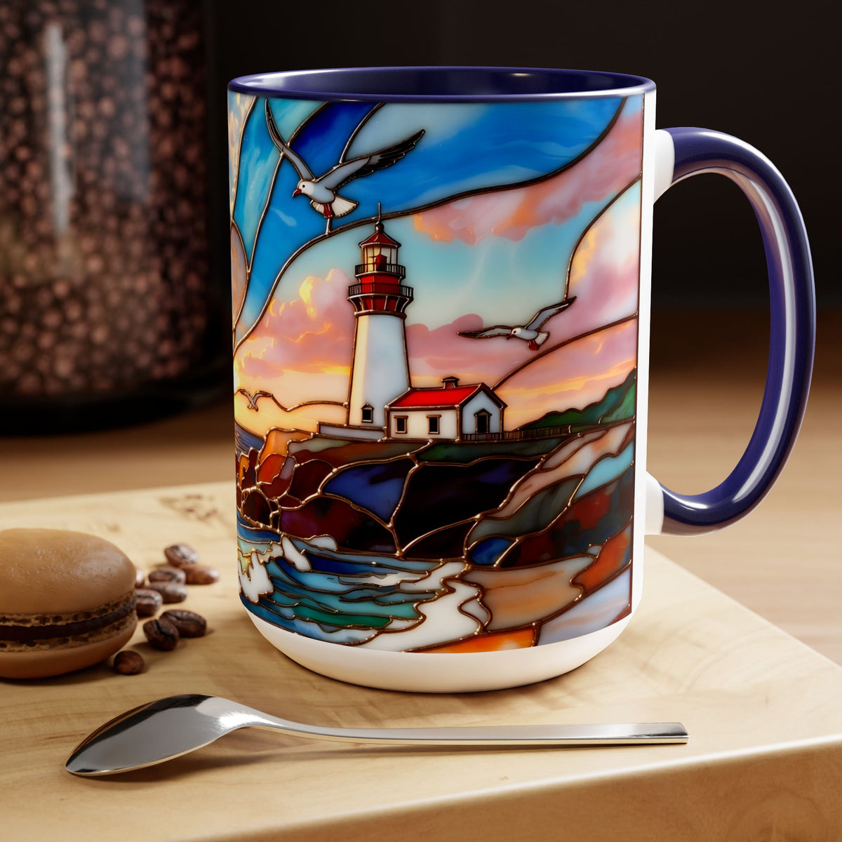 Lighthouse Sunset Mug, Coastal Stained Glass Style Coffee Cup, Nautical Coffee Mug 15oz