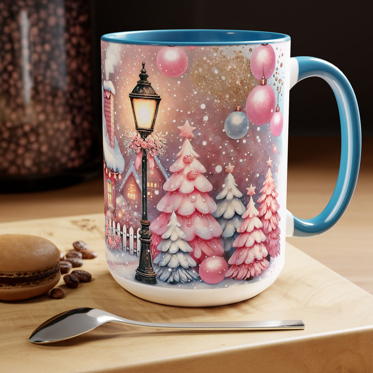 Pink Christmas Village Mug, Christmas Coffee Mug Gift, Merry Christmas Mug, Pink Winter Mug, Holiday Kitchen Decor, Elegant Coffee Mug 15oz