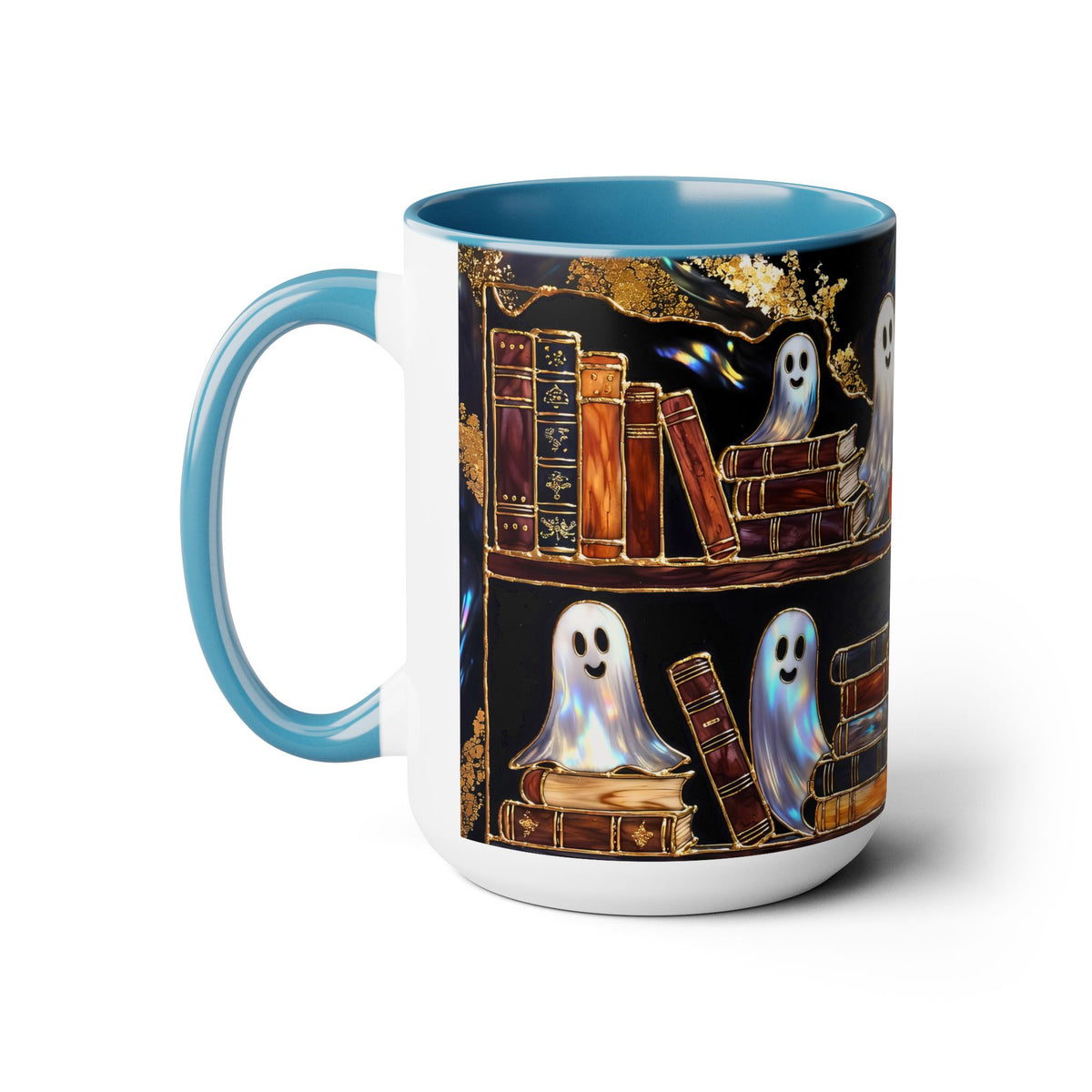 Halloween Ghost Bookshelf Mug, Cute Ghost Coffee Mug, Book Lover Gift, Spooky Books Mug, Fall Mug, Gothic Library Cup, Dark Academia Mug