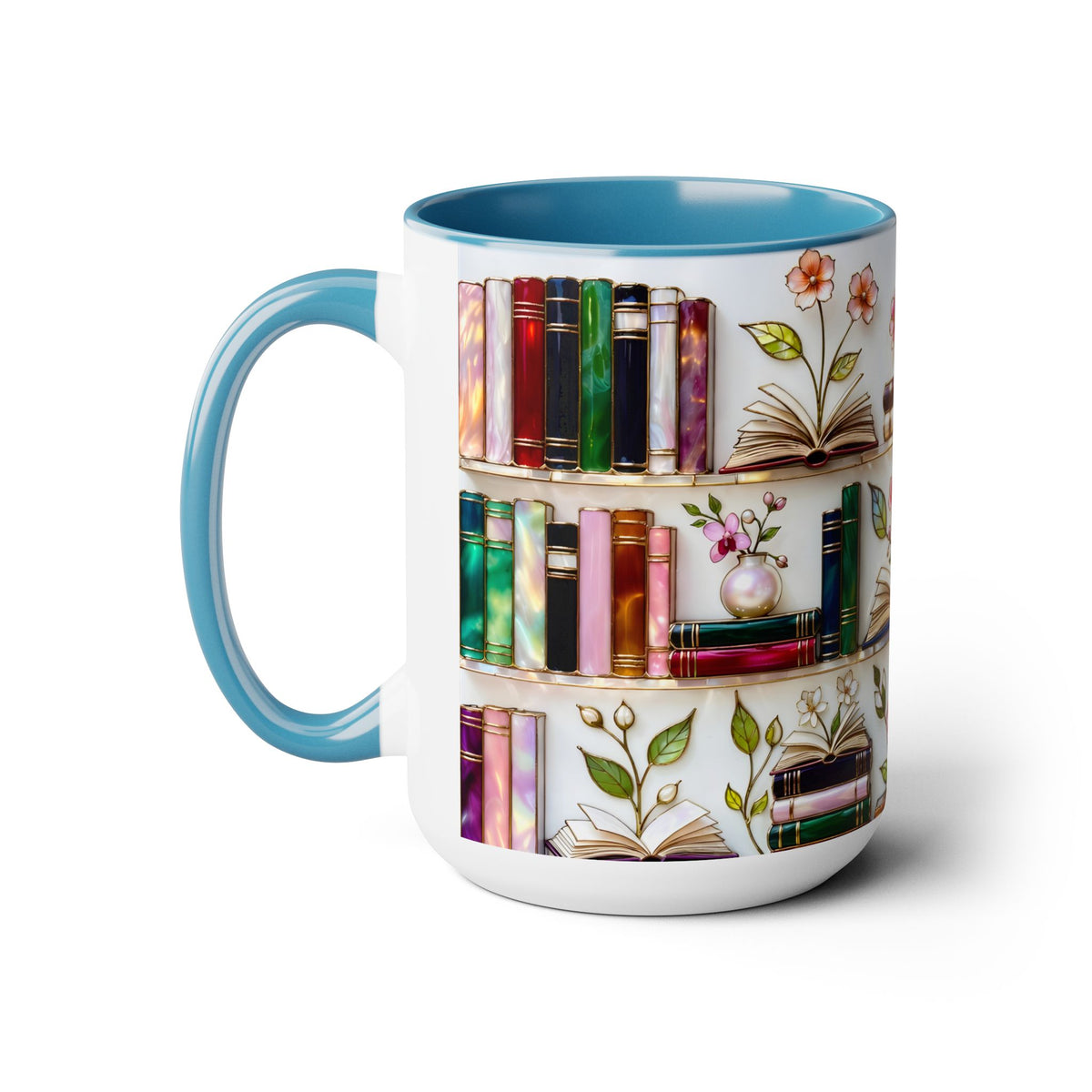 Stained Glass Bookshelf Mug, Book Lover Gift, Floral Bookish Cup, Library Aesthetic Mug, Ceramic Accent Mug, Reader Gift, Cozy Book Mug