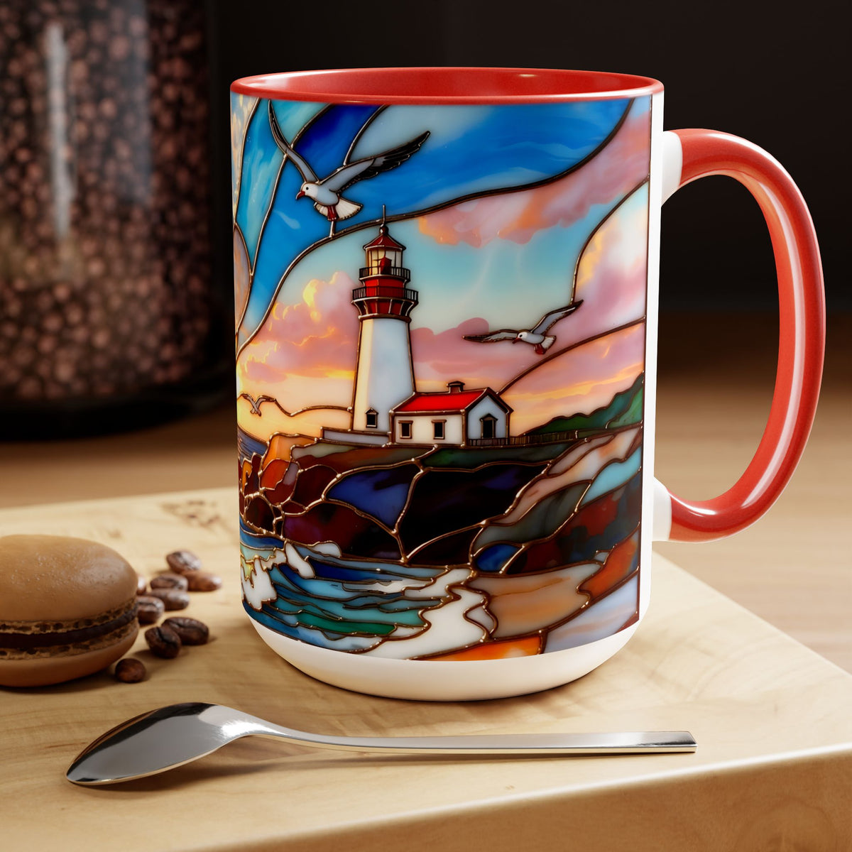 Lighthouse Sunset Mug, Coastal Stained Glass Style Coffee Cup, Nautical Coffee Mug 15oz