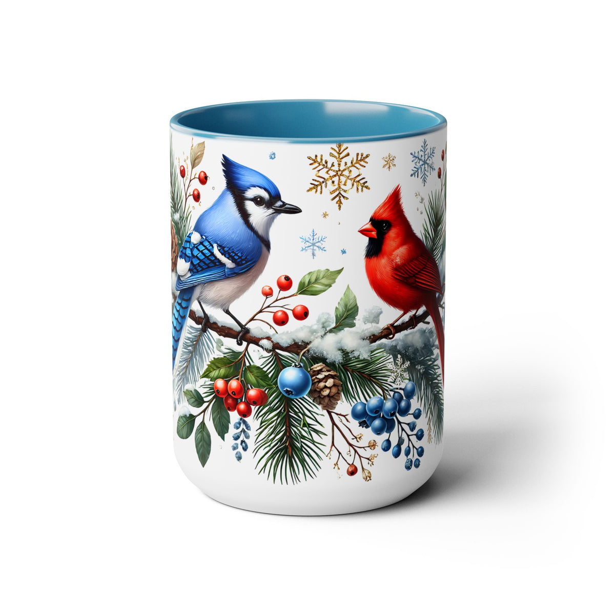 Cardinal Blue Jay Mug, Bird on Snowy Branch Mug, Bird Retro Christmas Mug, Cottagecore Mug, Christmas Kitchen Decor Mug, Winter Mug 15oz
