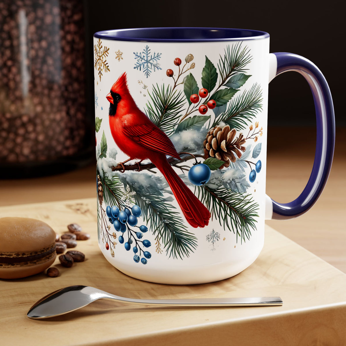 Cardinal Blue Jay Mug, Bird on Snowy Branch Mug, Bird Retro Christmas Mug, Cottagecore Mug, Christmas Kitchen Decor Mug, Winter Mug 15oz