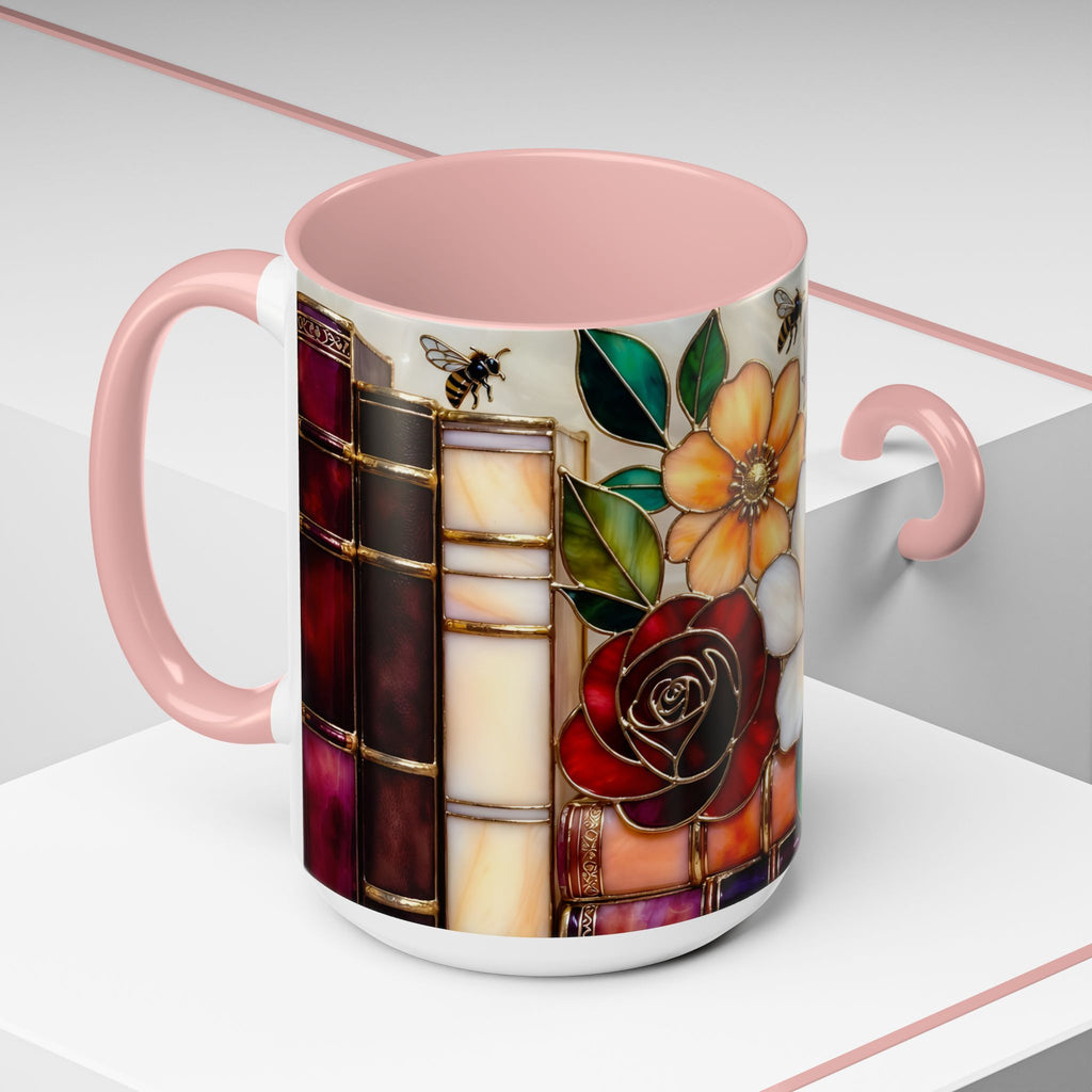 Floral Bookshelf Mug, Stained Glass Style Flowers & Bees Mug 15oz, Garden Book Lover Gift