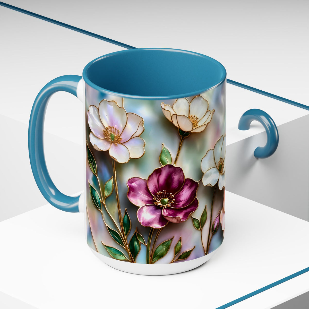 Stained Glass Style Floral Mug, 15 oz, Pink, Purple & Peach Wildflowers Cup