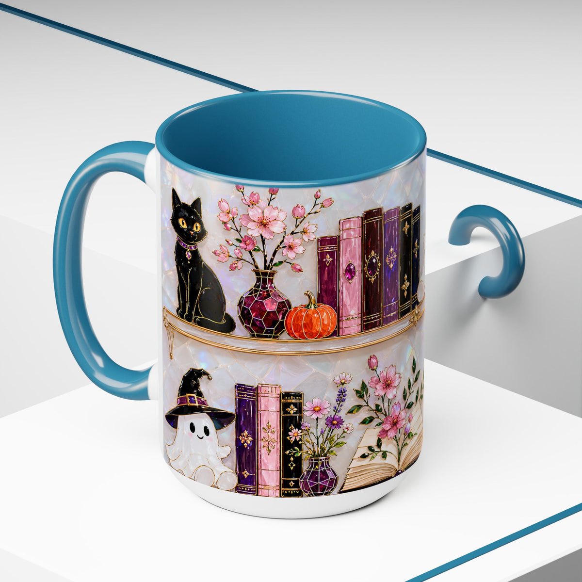 Halloween Ghost Bookshelf Mug, Cute Ghost Coffee Mug, Book Lover Gift, Pink Halloween Mug, Witchy Books Mug, Black Cat Mug, Fall Coffee Cup