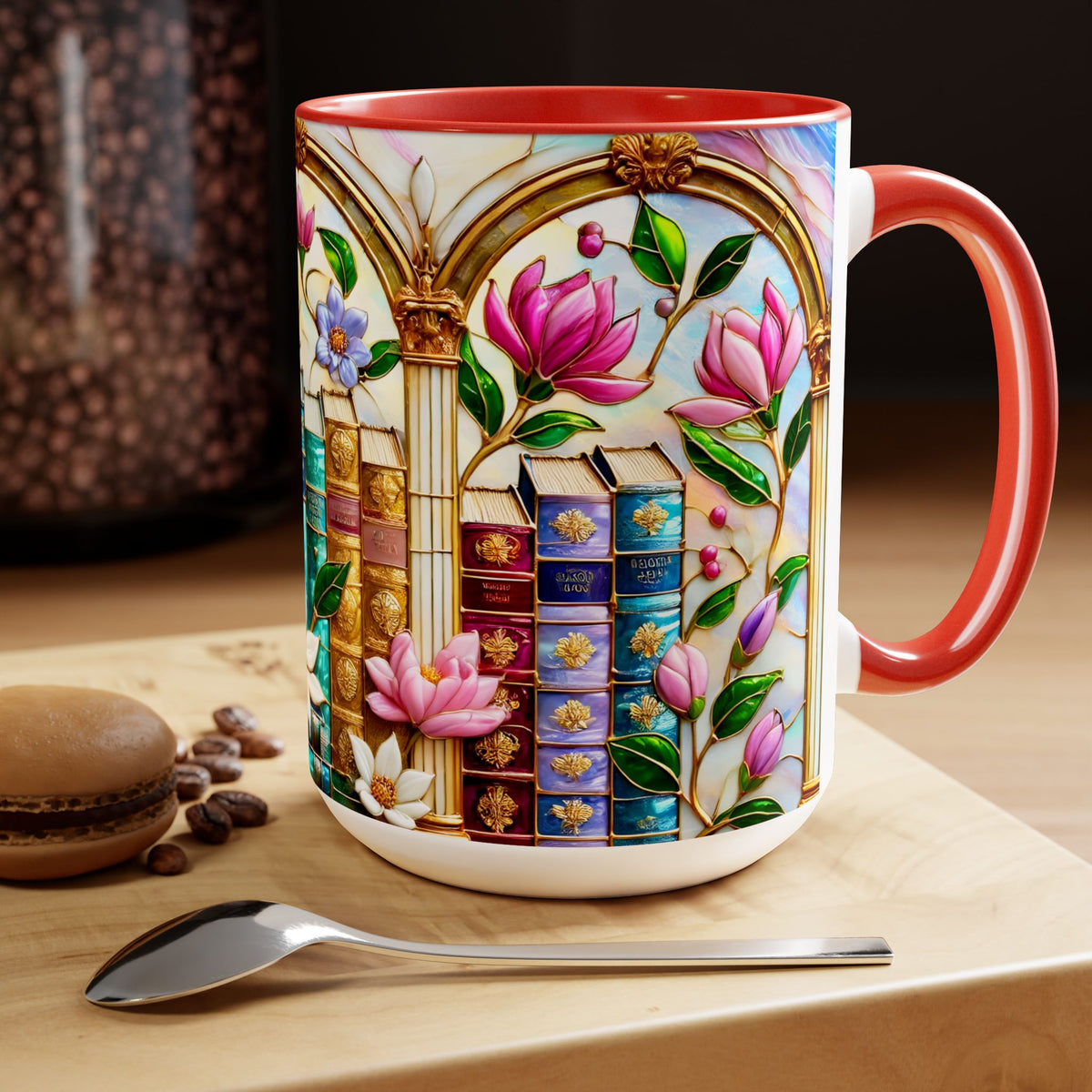 Floral Bookshelf Coffee Mug, Bookish Faux Stained-Glass Mug, Book Lover Gift, Reading Mug for Women, Library Aesthetic Cup 15oz