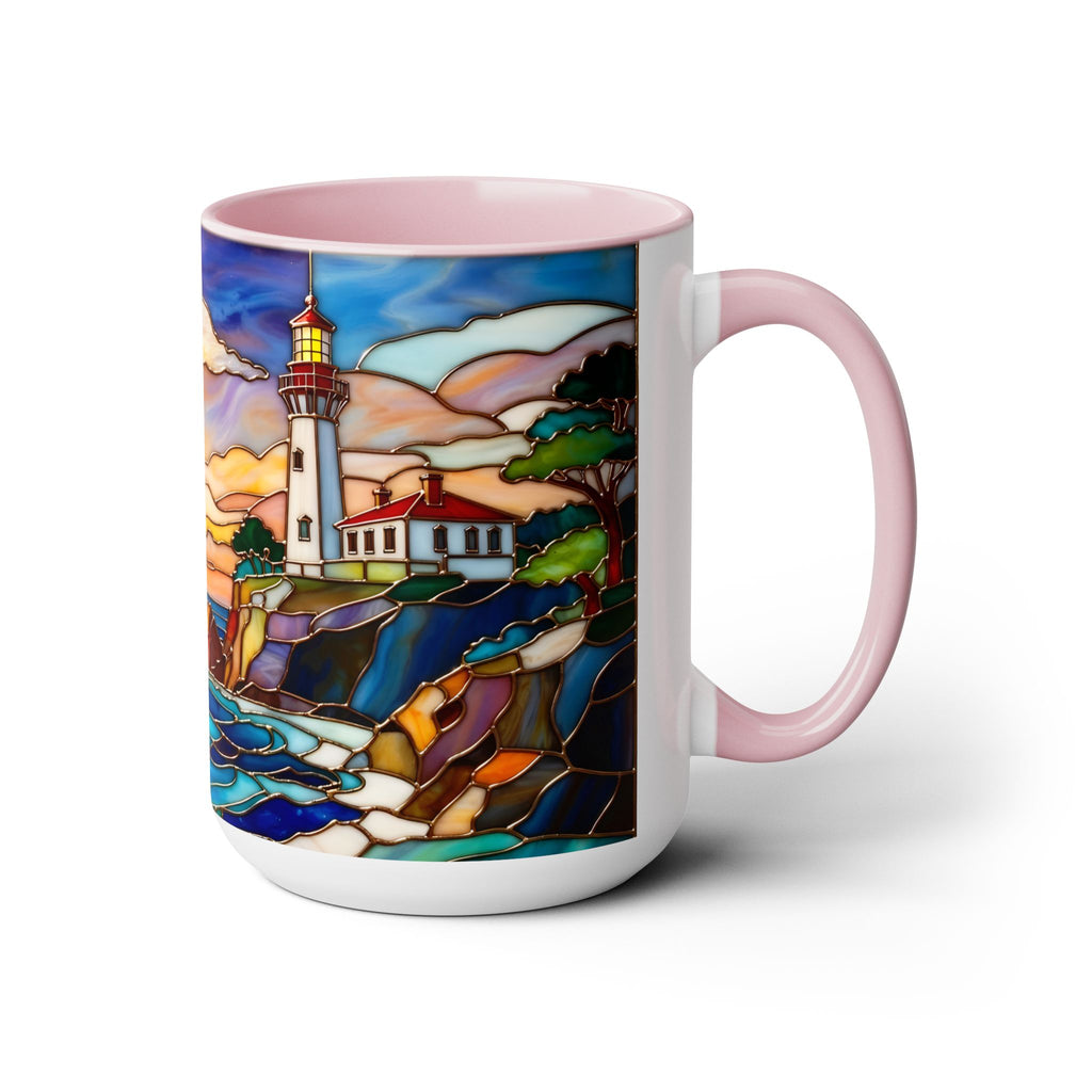 Lighthouse Sunset Mug, Coastal Stained Glass Style Coffee Cup 15oz, Nautical Coffee Mug