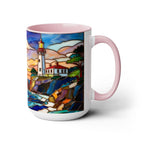 Lighthouse Sunset Mug, Coastal Stained Glass Style Coffee Cup 15oz, Nautical Coffee Mug