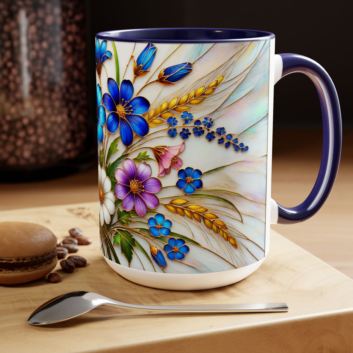 Blue Wildflower Mug, Stained Glass Style Floral Coffee Cup 15oz