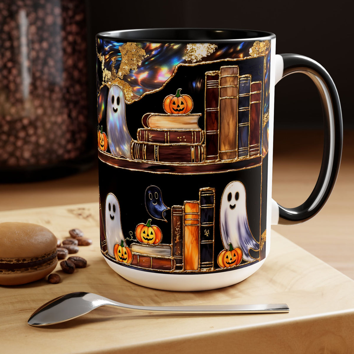 Halloween Ghost Bookshelf Mug, Cute Ghost Coffee Mug, Book Lover Gift, Spooky Books Mug, Fall Mug, Gothic Library Cup, Dark Academia Mug