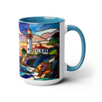 Lighthouse Sunset Mug, Coastal Stained Glass Style Coffee Cup 15oz, Nautical Coffee Mug