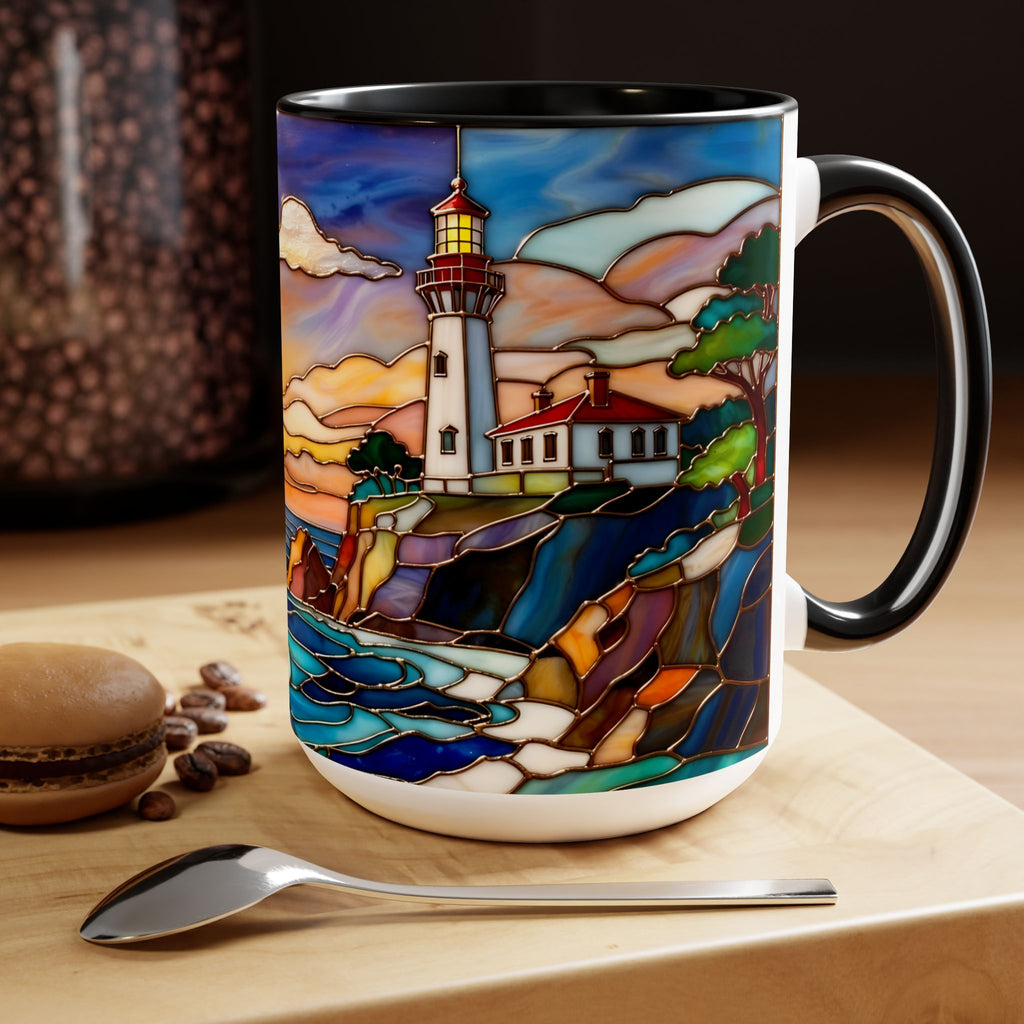 Lighthouse Sunset Mug, Coastal Stained Glass Style Coffee Cup 15oz, Nautical Coffee Mug