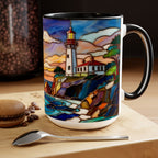 Lighthouse Sunset Mug, Coastal Stained Glass Style Coffee Cup 15oz, Nautical Coffee Mug