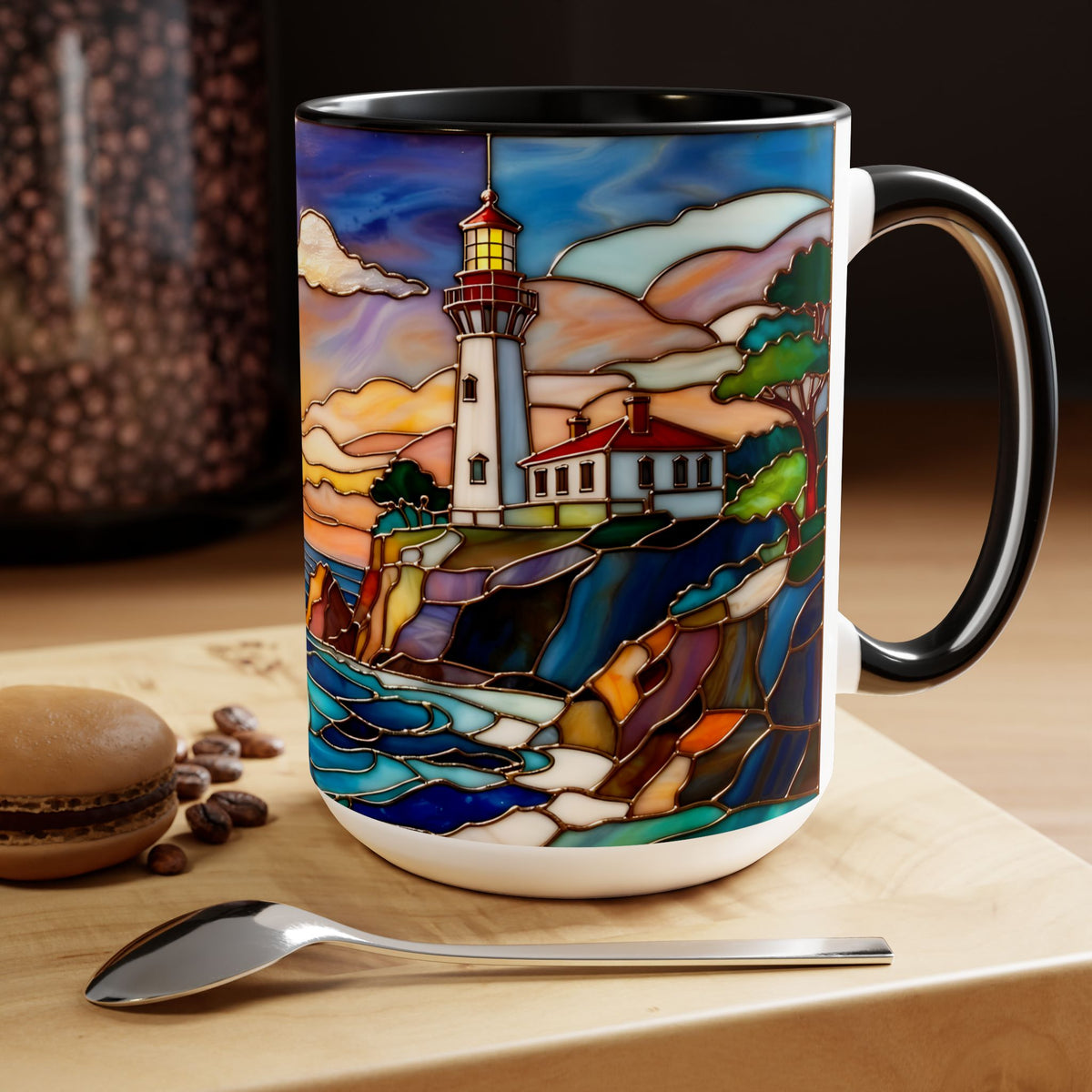 Lighthouse Sunset Mug, Coastal Stained Glass Style Coffee Cup 15oz, Nautical Coffee Mug