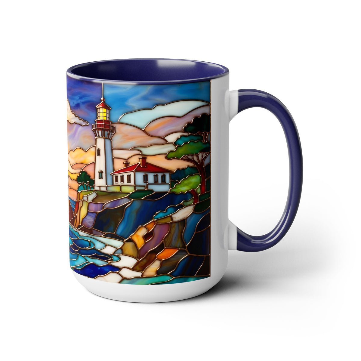 Lighthouse Sunset Mug, Coastal Stained Glass Style Coffee Cup 15oz, Nautical Coffee Mug