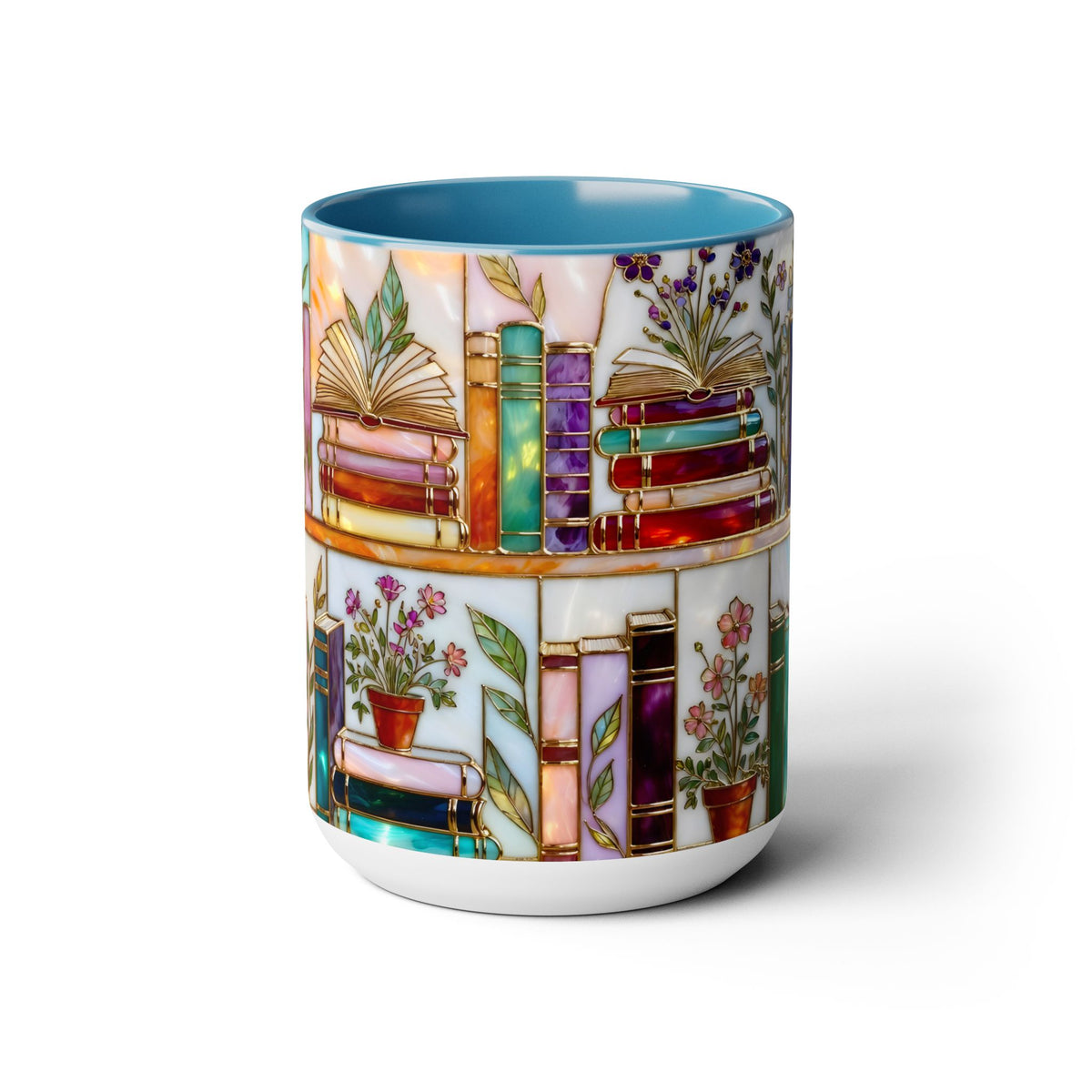 Floral Book Mug, Bookish Stained-Glass Style Mug, Book Lover Gift, Library Aesthetic Cup, Teacher Gift, Reading Mug 15oz