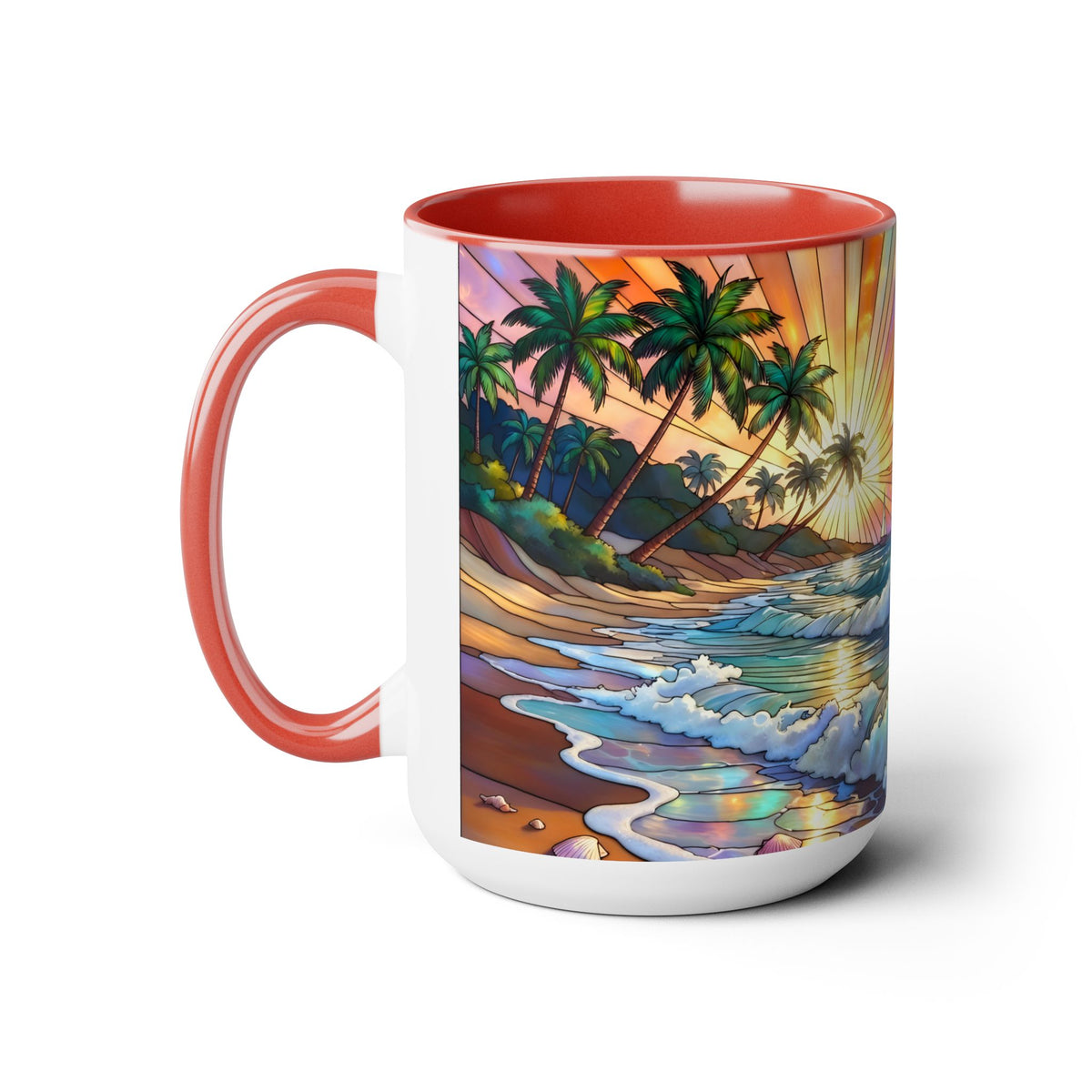 Stained Glass Style Ocean Beach Mug 15oz, Sunrise High Waves Coffee Cup, Palm Tree Coastal Art Cup, Tropical Beach Gift