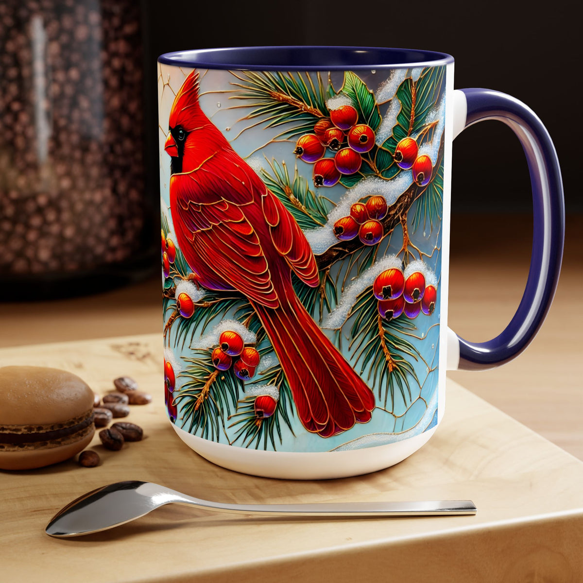 Cardinal Winter Mug, Stained Glass Style Birds on Snowy Branch Mug, Bird Retro Christmas Mug 15oz
