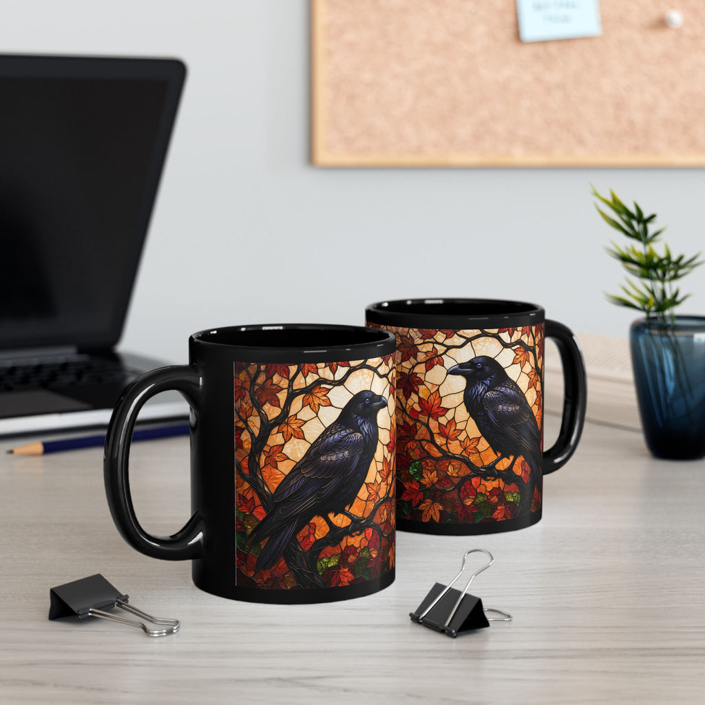 Raven Mug, Stained Glass Crow Coffee Mug, Gothic Raven Mug, Dark Academia Gift, Witchy Fall Mug, Bird Lover Gift, Halloween Cup 11oz, 15oz