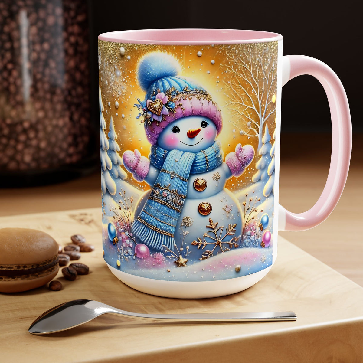 Pink Christmas Mug, Pastel Snowman Mug, Christmas Coffee Mug, Christmas Kitchen Decor Mug, Xmas Gifts, Elegant Coffee Mug, Winter Mug  5oz