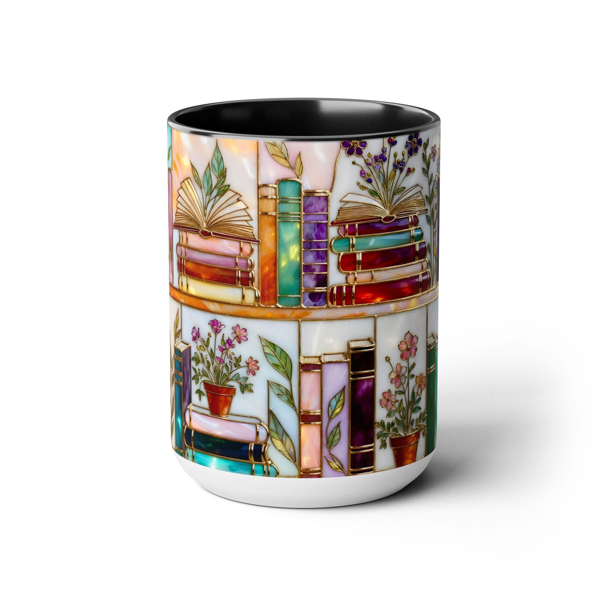 Floral Book Mug, Bookish Stained-Glass Style Mug, Book Lover Gift, Library Aesthetic Cup, Teacher Gift, Reading Mug 15oz