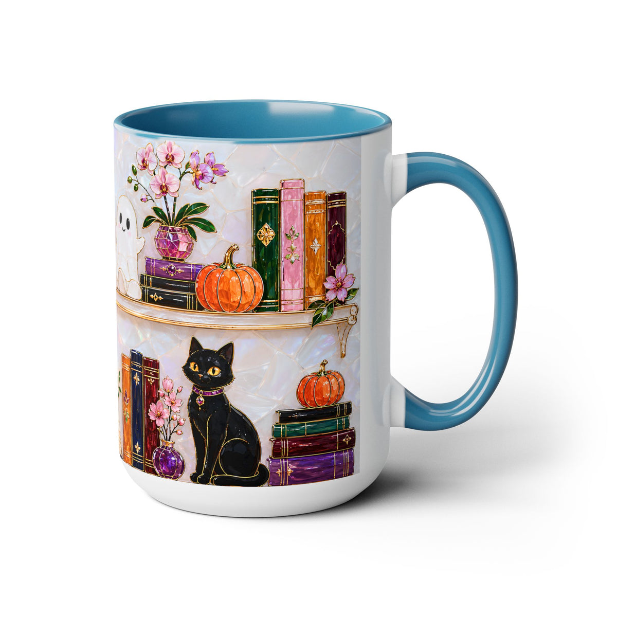 Halloween Ghost Bookshelf Mug, Cute Ghost Coffee Mug, Book Lover Gift, Pink Halloween Mug, Witchy Books Mug, Black Cat Mug, Fall Coffee Cup