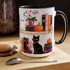 Halloween Ghost Bookshelf Mug, Cute Ghost Coffee Mug, Book Lover Gift, Pink Halloween Mug, Witchy Books Mug, Black Cat Mug, Fall Coffee Cup