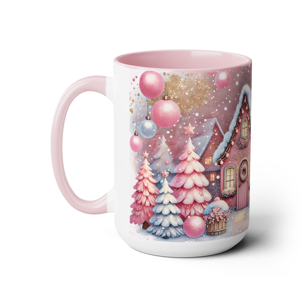 Pink Christmas Village Mug, Christmas Coffee Mug Gift, Merry Christmas Mug, Pink Winter Mug, Holiday Kitchen Decor, Elegant Coffee Mug 15oz