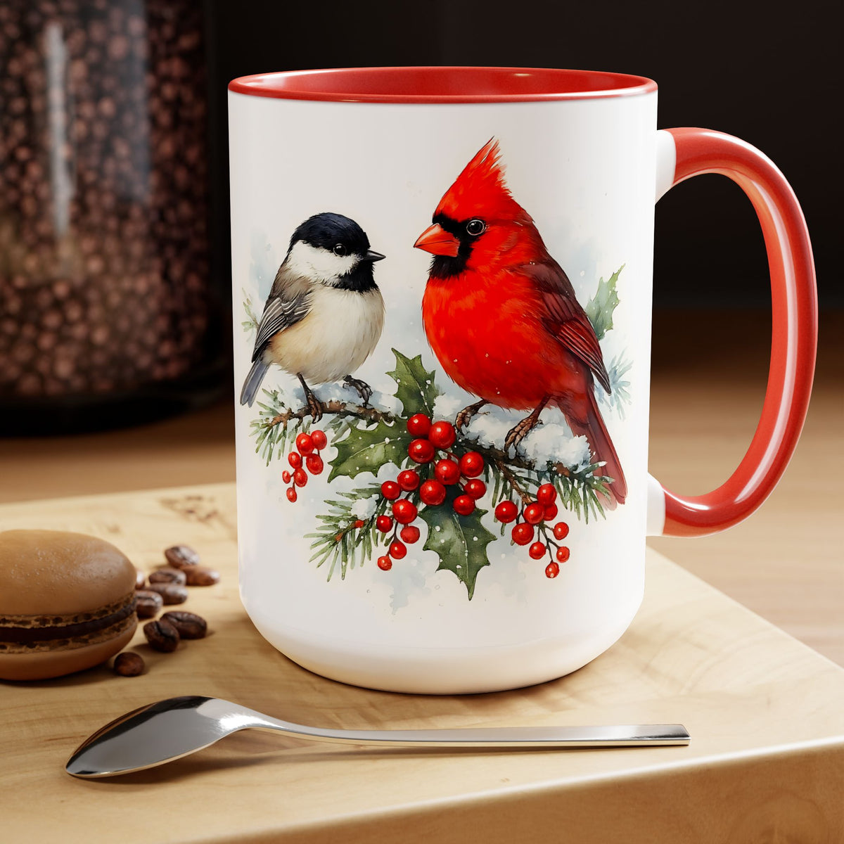Cardinal Chickadee Mug, Birds on Snowy Branch Mug, Birds Retro Christmas Mug, Winter Mug, Christmas Kitchen Decor Mug, Birds Lover Mug 15oz