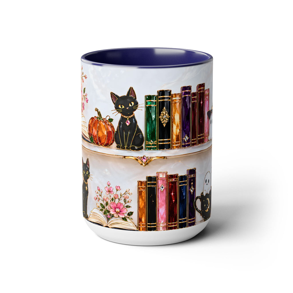 Halloween Ghost Bookshelf Mug, Black Cat Coffee Mug, Witchy Ghost Mug, Book Lover Gift, Spooky Library Mug, Pink Floral Bookshelf Mug 15oz