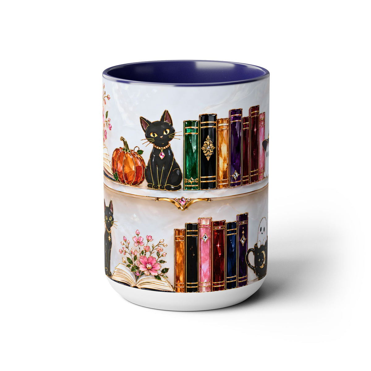 Halloween Ghost Bookshelf Mug, Black Cat Coffee Mug, Witchy Ghost Mug, Book Lover Gift, Spooky Library Mug, Pink Floral Bookshelf Mug 15oz