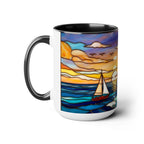 Lighthouse Sunset Mug, Coastal Stained Glass Style Coffee Cup 15oz, Nautical Coffee Mug