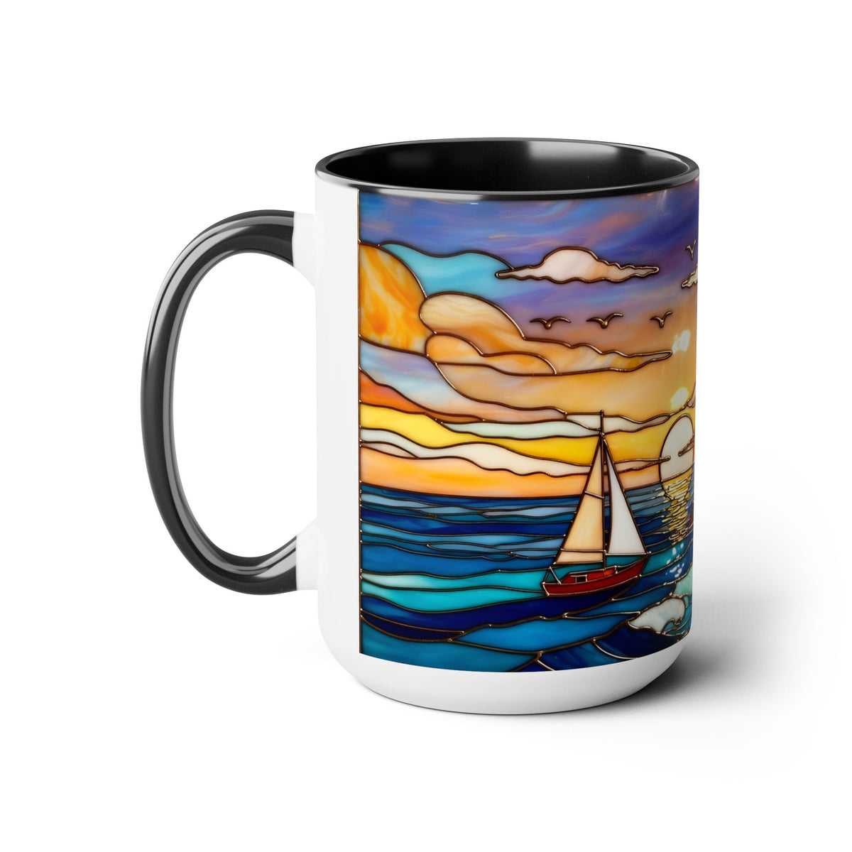 Lighthouse Sunset Mug, Coastal Stained Glass Style Coffee Cup 15oz, Nautical Coffee Mug