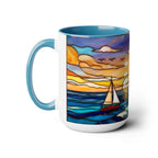 Lighthouse Sunset Mug, Coastal Stained Glass Style Coffee Cup 15oz, Nautical Coffee Mug