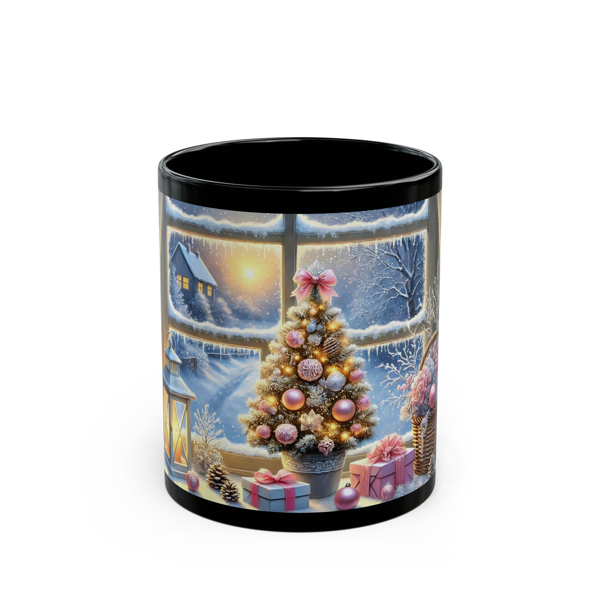 Cozy Christmas Snowy Window View Mug, Christmas Coffee Mug, Pink Holiday Decor Coffee Cup, Festive Kitchen Gift, Winter Mug 11oz, 15oz