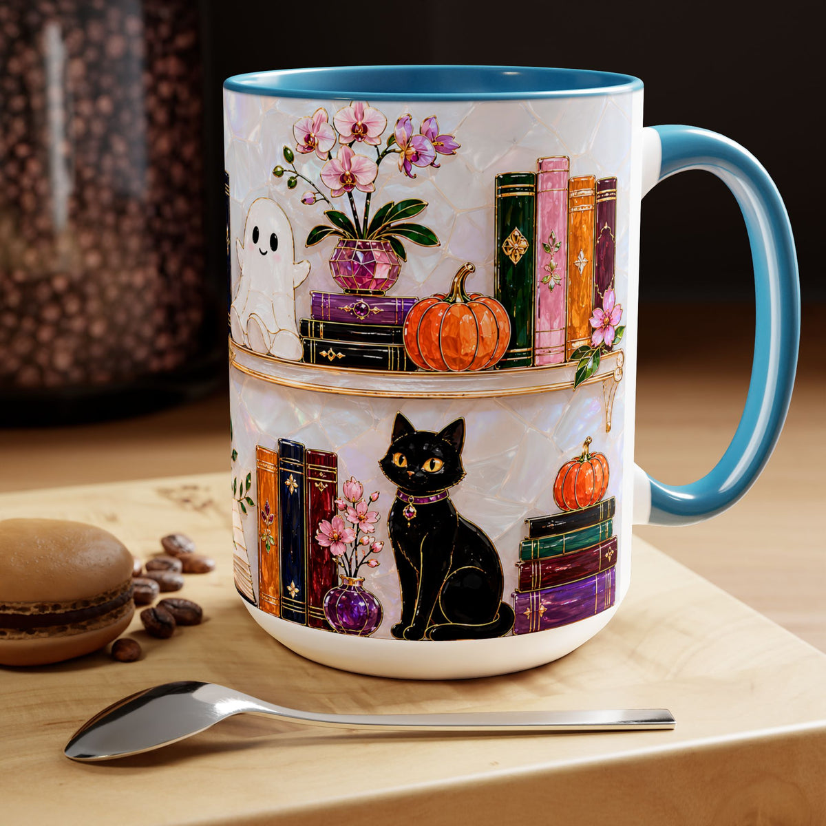 Halloween Ghost Bookshelf Mug, Cute Ghost Coffee Mug, Book Lover Gift, Pink Halloween Mug, Witchy Books Mug, Black Cat Mug, Fall Coffee Cup
