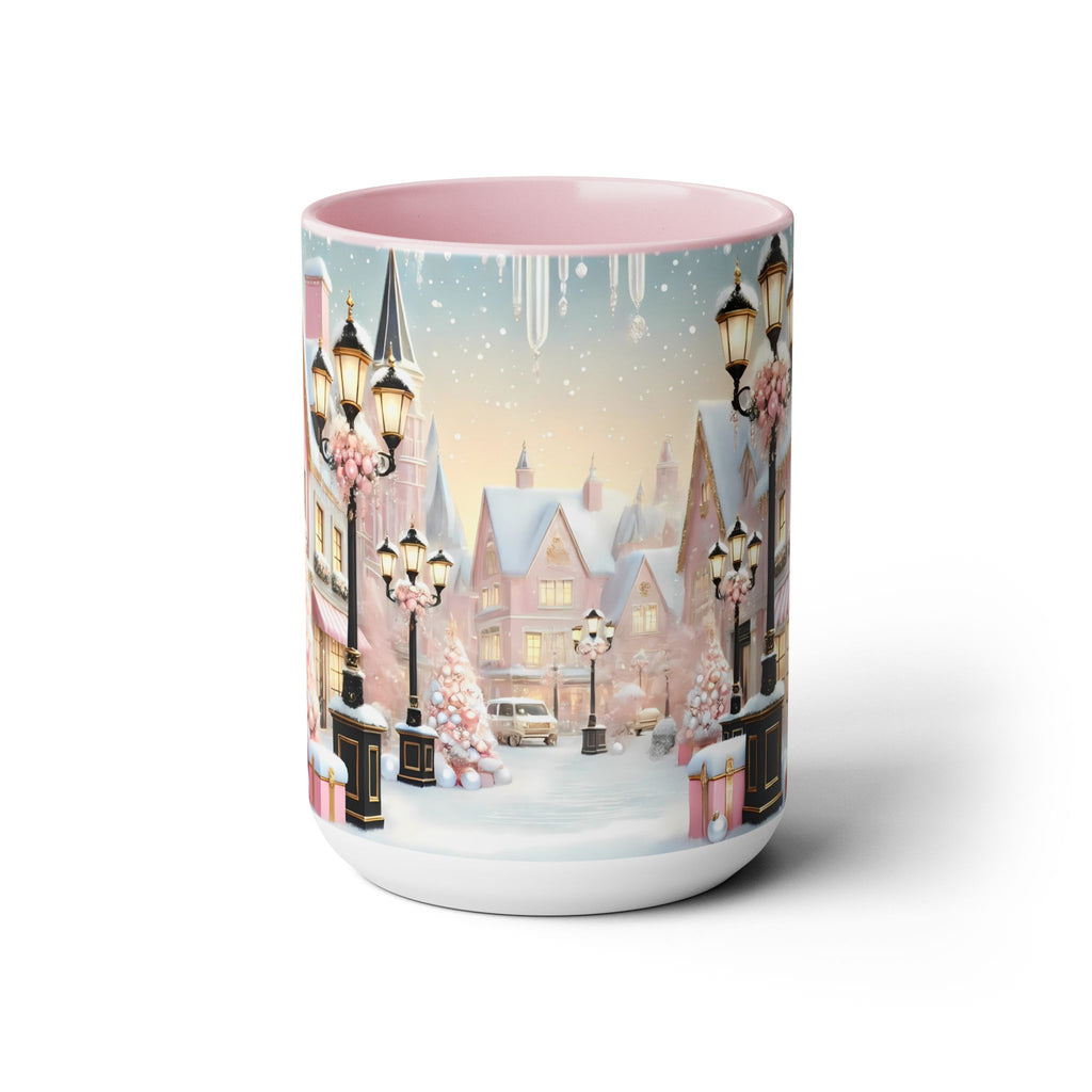 Pink Christmas Village Mug, Christmas Coffee Mug, Elegant Pastel Winter Village Ceramic Cup, Christmas Home Decor Kitchen, Winter Mug 15oz