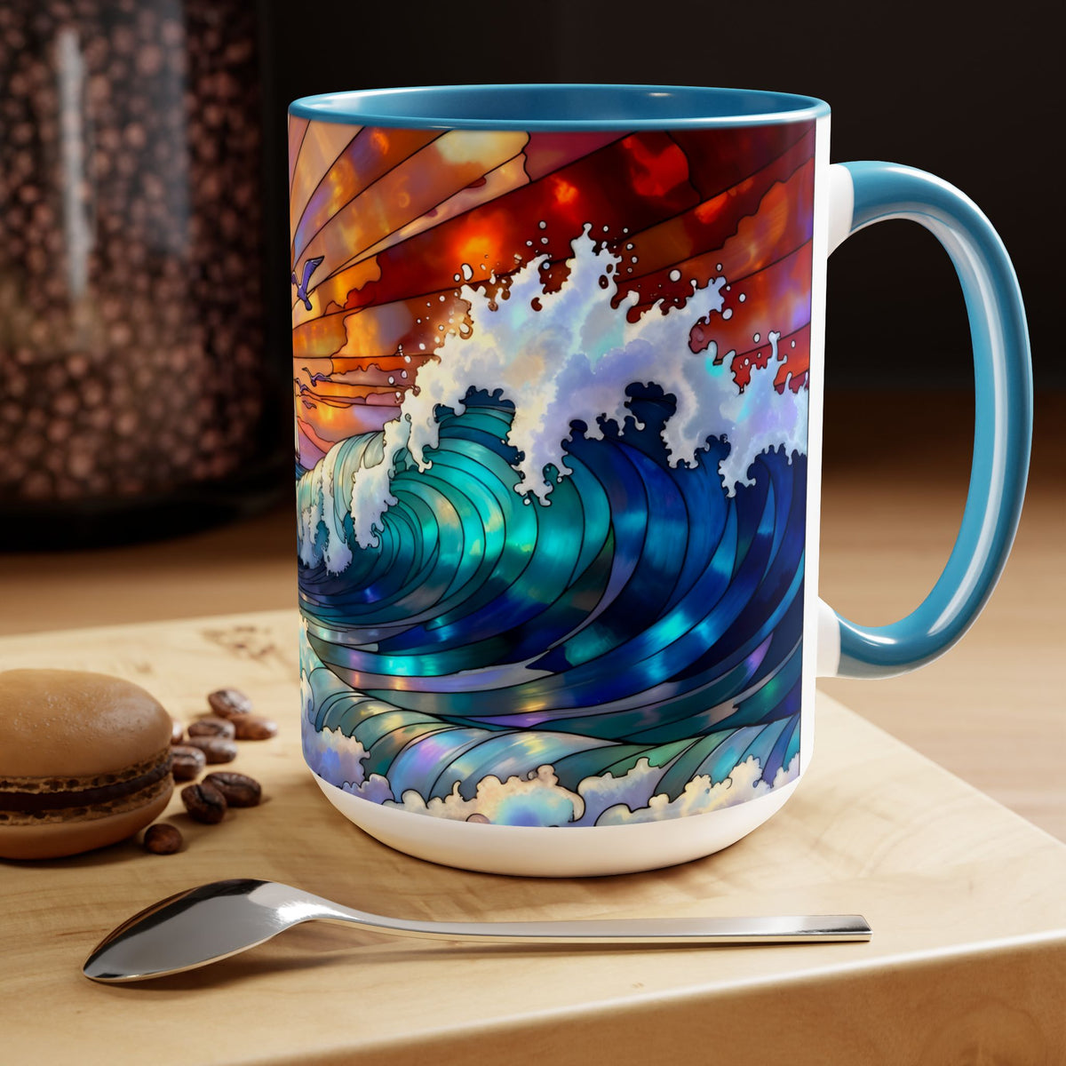 Stained Glass Style Ocean Beach Mug 15oz, Sunrise High Waves Coffee Cup, Palm Tree Coastal Art Cup, Tropical Beach Gift