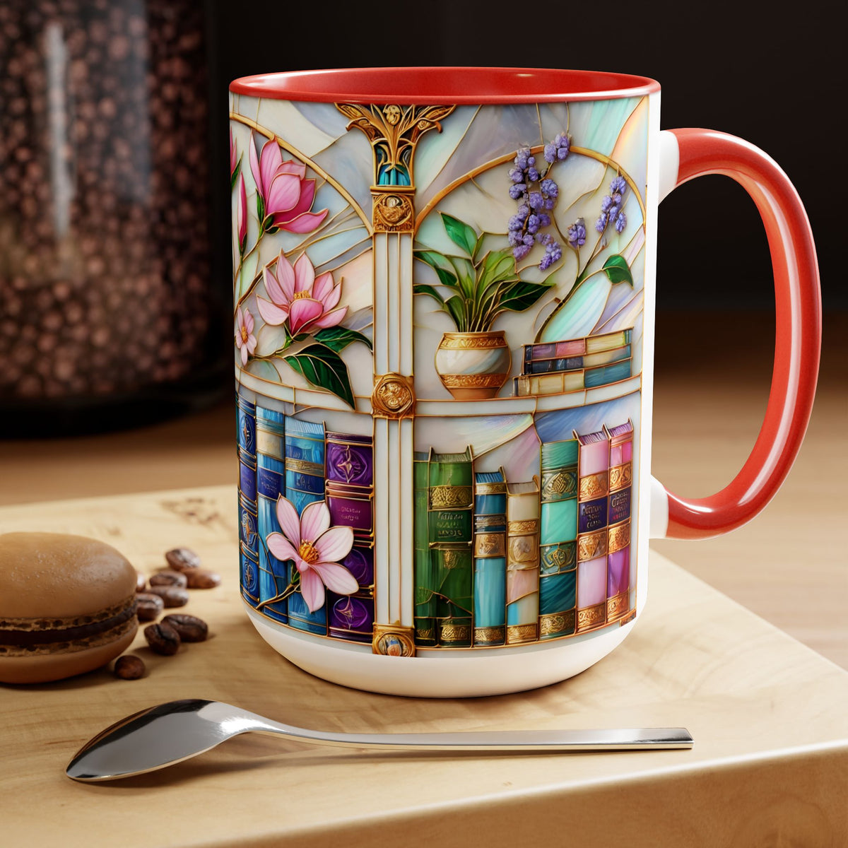 Floral Bookshelf Coffee Mug, Bookish Stained-Glass Style Mug, Book Lover Gift, Reading Mug for Women, Library Aesthetic Cup 15oz
