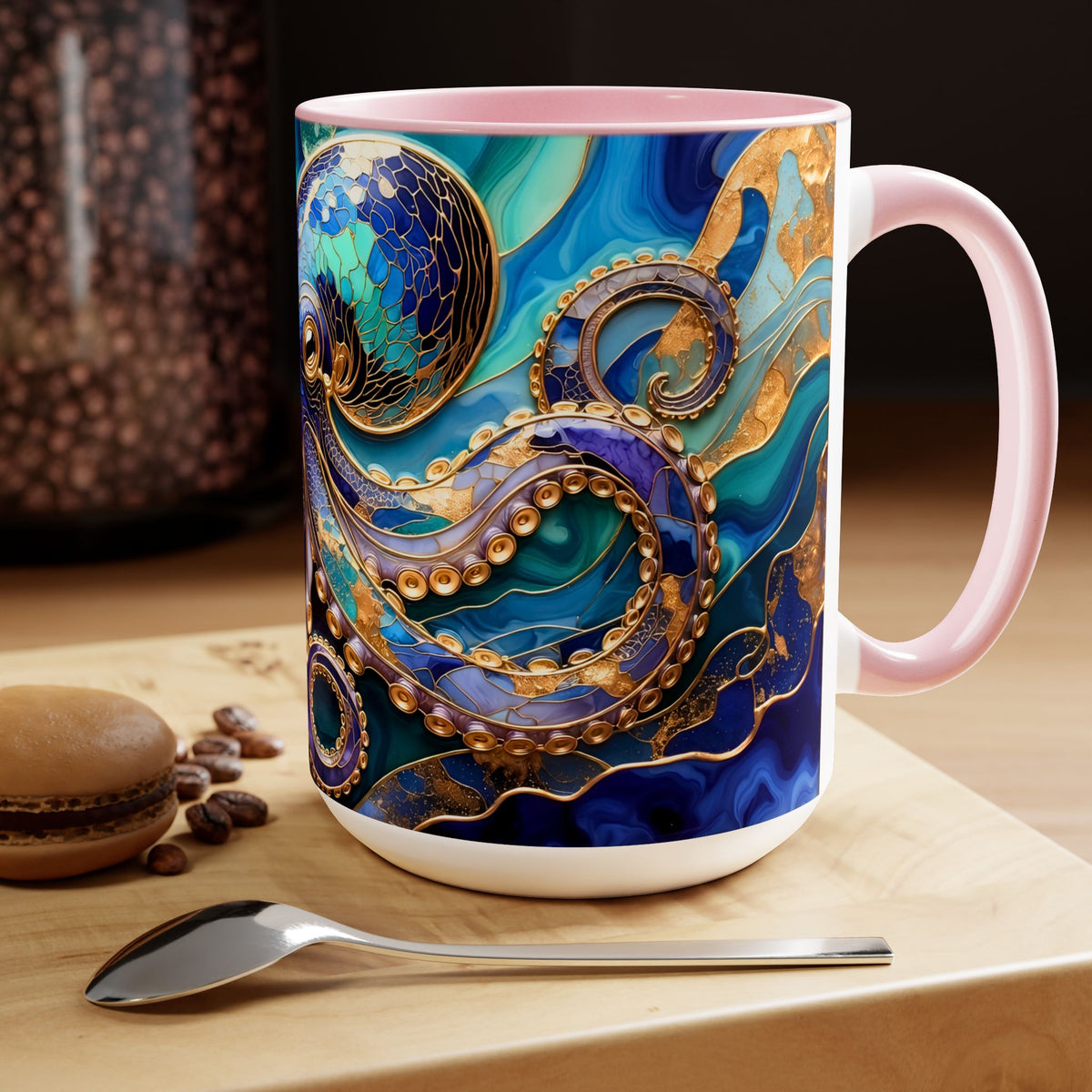 Blue Octopus Mug, Stained Glass Style | Ocean Art Coffee Cup, Beach Lover Cup 15oz