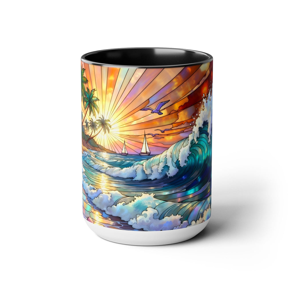 Stained Glass Style Ocean Beach Mug 15oz, Sunrise High Waves Coffee Cup, Palm Tree Coastal Art Cup, Tropical Beach Gift