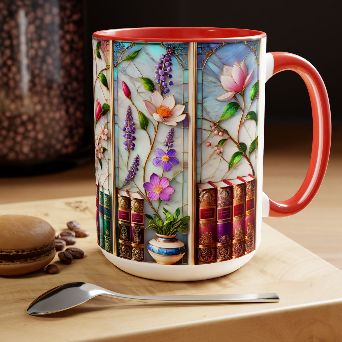 Floral Bookshelf Coffee Mug, Bookish Faux Stained-Glass Mug, Book Lover Gift, Reading Mug for Women, Library Floral Cup 15oz