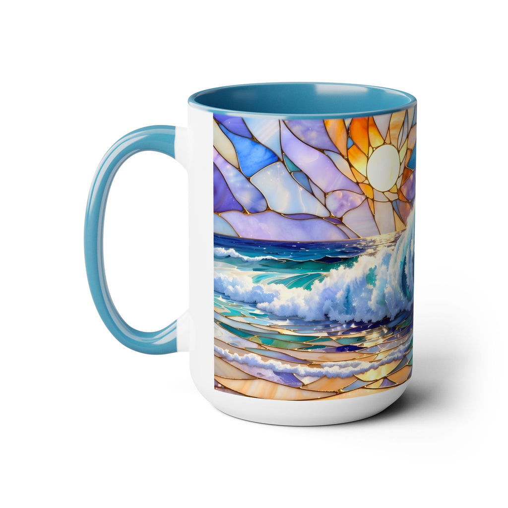 Stained Glass Style Ocean Wave Mug, Colorful Coastal Coffee Cup, Beach Sunrise Ceramic, Ocean Lover Gift Cup 15oz