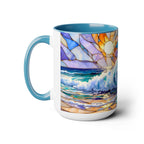 Stained Glass Style Ocean Wave Mug, Colorful Coastal Coffee Cup, Beach Sunrise Ceramic, Ocean Lover Gift Cup 15oz