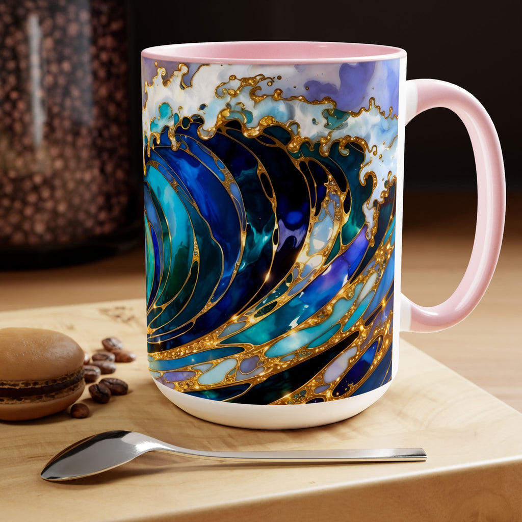 Ocean Waves Stained Glass Style Coffee Mug, Coastal Beach Decor Cup, Nautical Sea Wave Art Mug 15oz