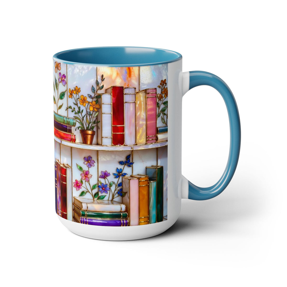 Floral Bookshelf Coffee Mug, Bookish Stained-Glass Style Mug, Book Lover Gift, Library Aesthetic Cup, Teacher Gift, Reading Mug 15oz