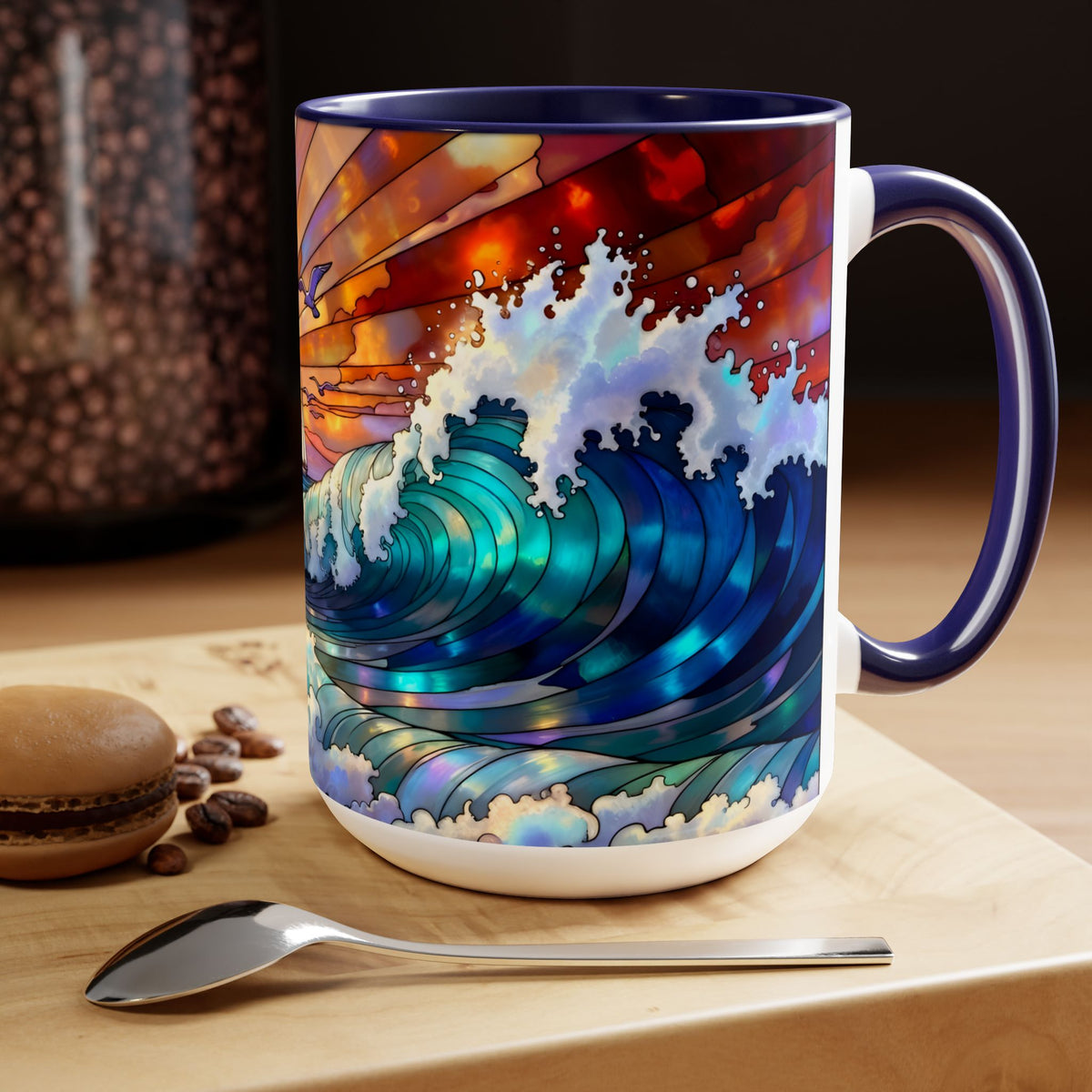 Stained Glass Style Ocean Beach Mug 15oz, Sunrise High Waves Coffee Cup, Palm Tree Coastal Art Cup, Tropical Beach Gift