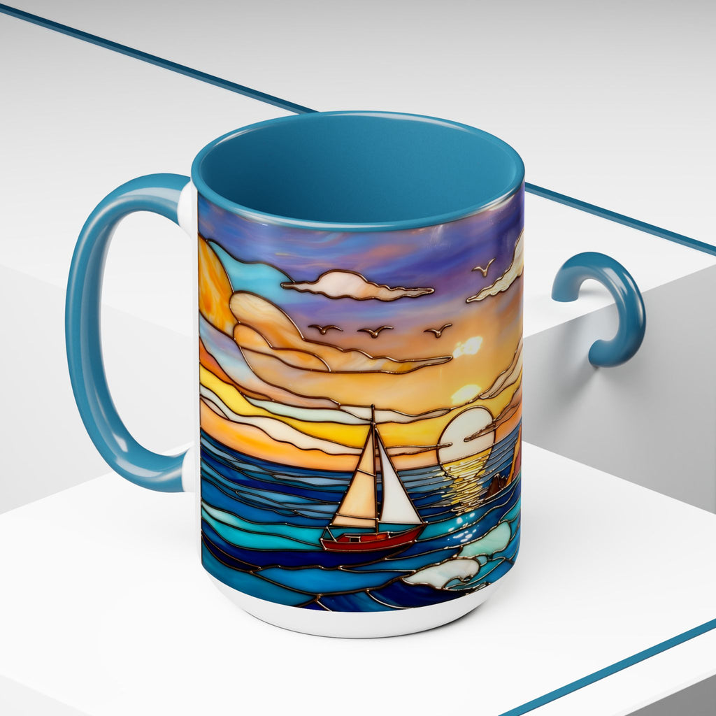 Lighthouse Sunset Mug, Coastal Stained Glass Style Coffee Cup 15oz, Nautical Coffee Mug